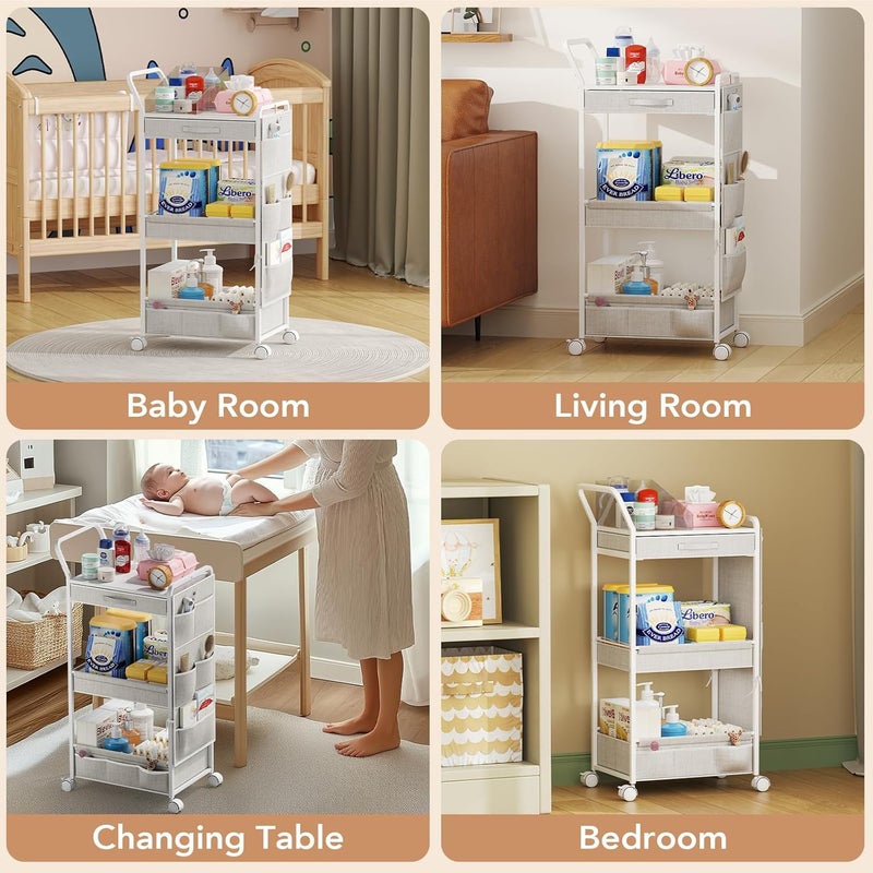 BBLIKE 3-Tier Diaper Caddy Organizer - Rolling Utility Baby Cart with Drawer and Side Pockets for Nursery and Baby Essentials, Multi-Function Cart for Bedroom and Bathroom, White - Image 4